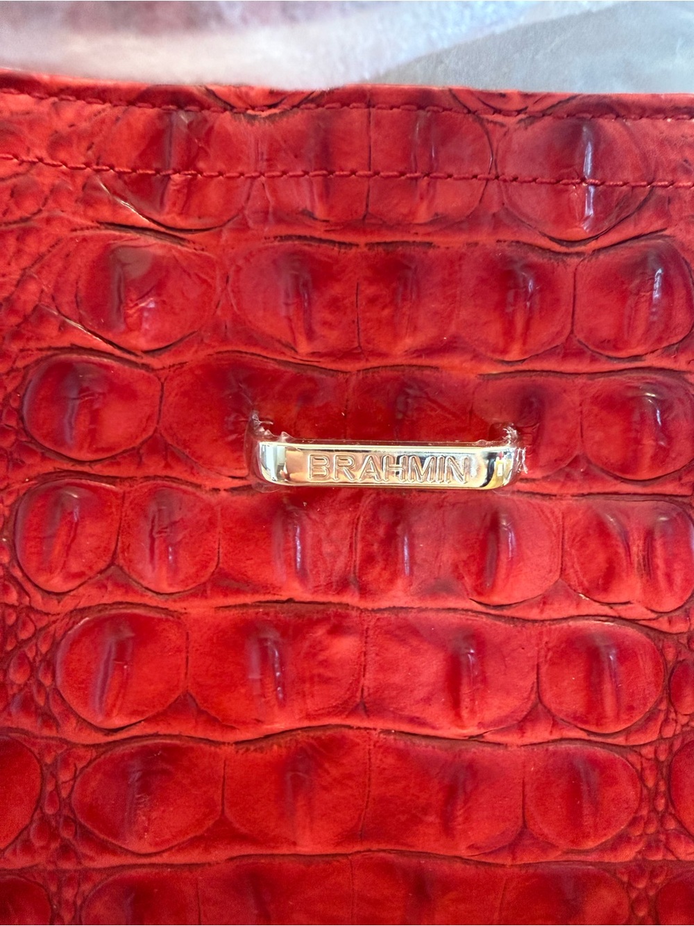 Red Croc-Embossed Brahmin Tote Bag - Designer Style - Picture 4 of 7